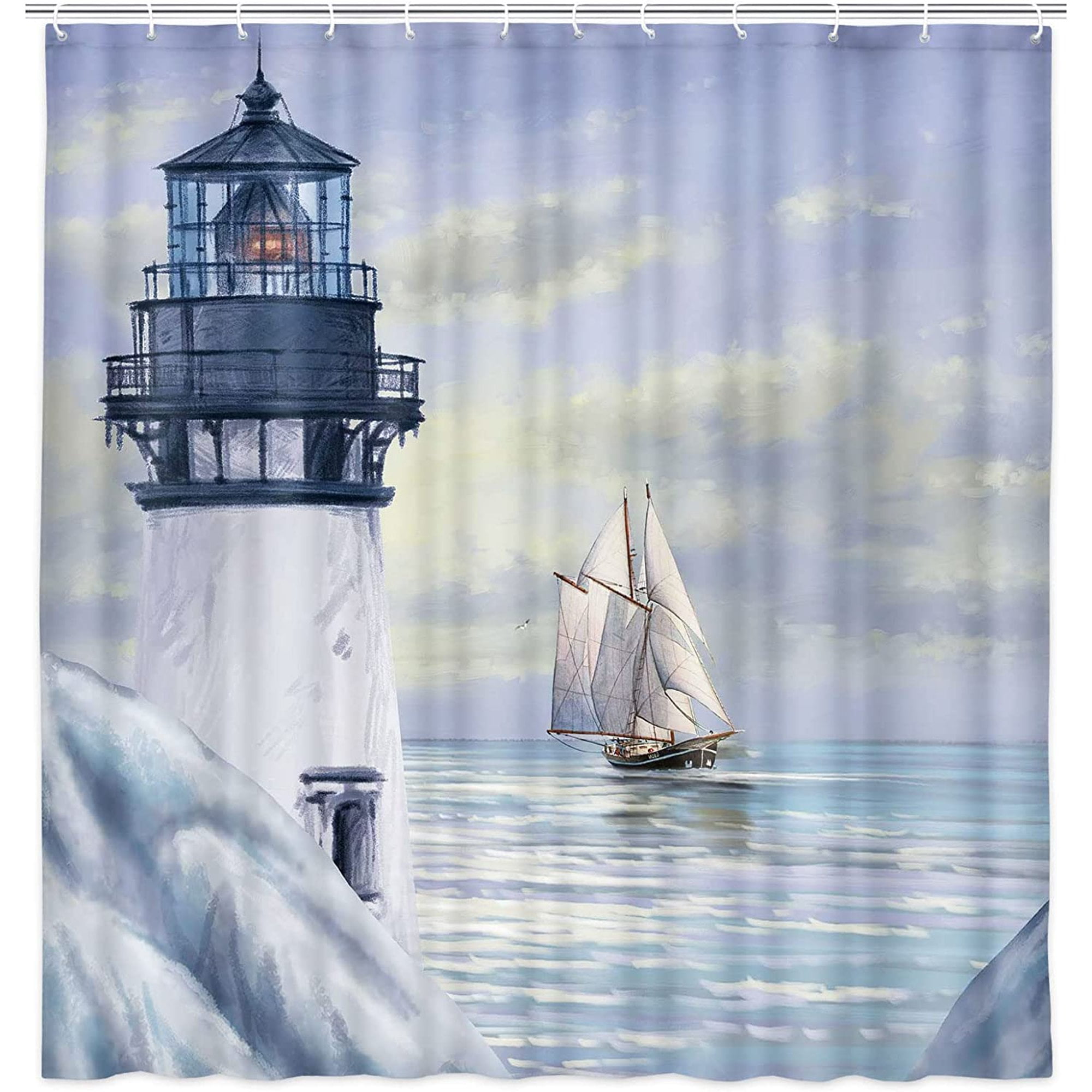 Coastal Lighthouse Shower Curtain, Bluish Violet Ocean Shower Curtain Sets for Bathroom,Waterproof Sailboat Nautical Shower Curtain Decor Accessories with Hooks 60X70 inch