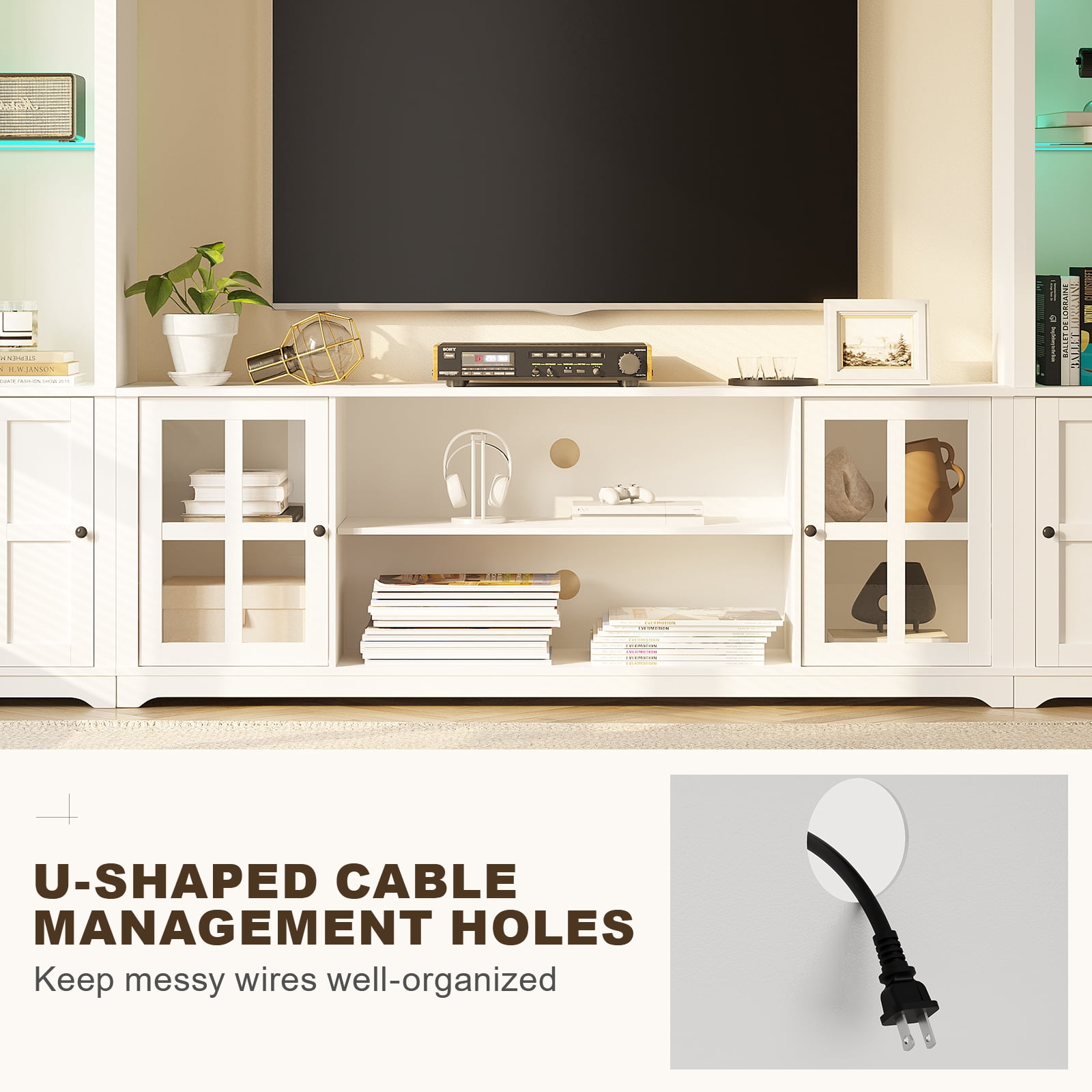 MEISSALIVVE 4 Piece Wall Unit TV Stand with LED Lights, Modern Entertainment Center with Bookshelf, Wine Cabinet, Display Storage, Fits 70" TVs, White