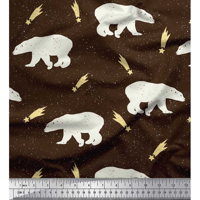 Soimoi Brown Poly Georgette Fabric Falling Star & Polar Bear Animal Print Fabric by the Yard 42 Inch Wide