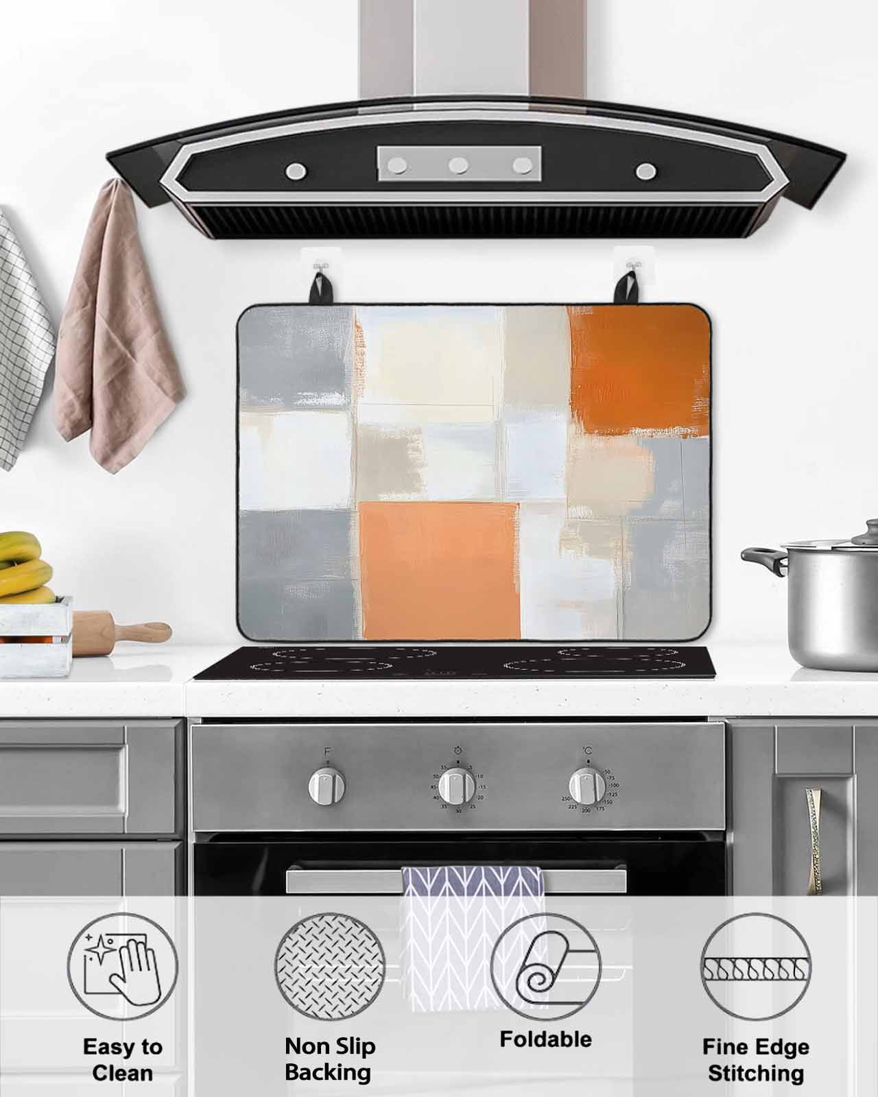 nqOlkjepod Large Induction Cooktop Protector Mat 24"x21", Modern Orange Beige Stove Top Covers for Electric Stove, Abstract Oil Painting Grey Color Blocks Stove Burner Cover Mats Stove Cover