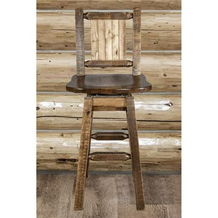 Laser Engraved Beer - Montana Woodworks Homestead Collection Counter Height Barstool w/ Back & Swivel w/ Laser Engraved Bear Design, Stain & Lacquer Finish