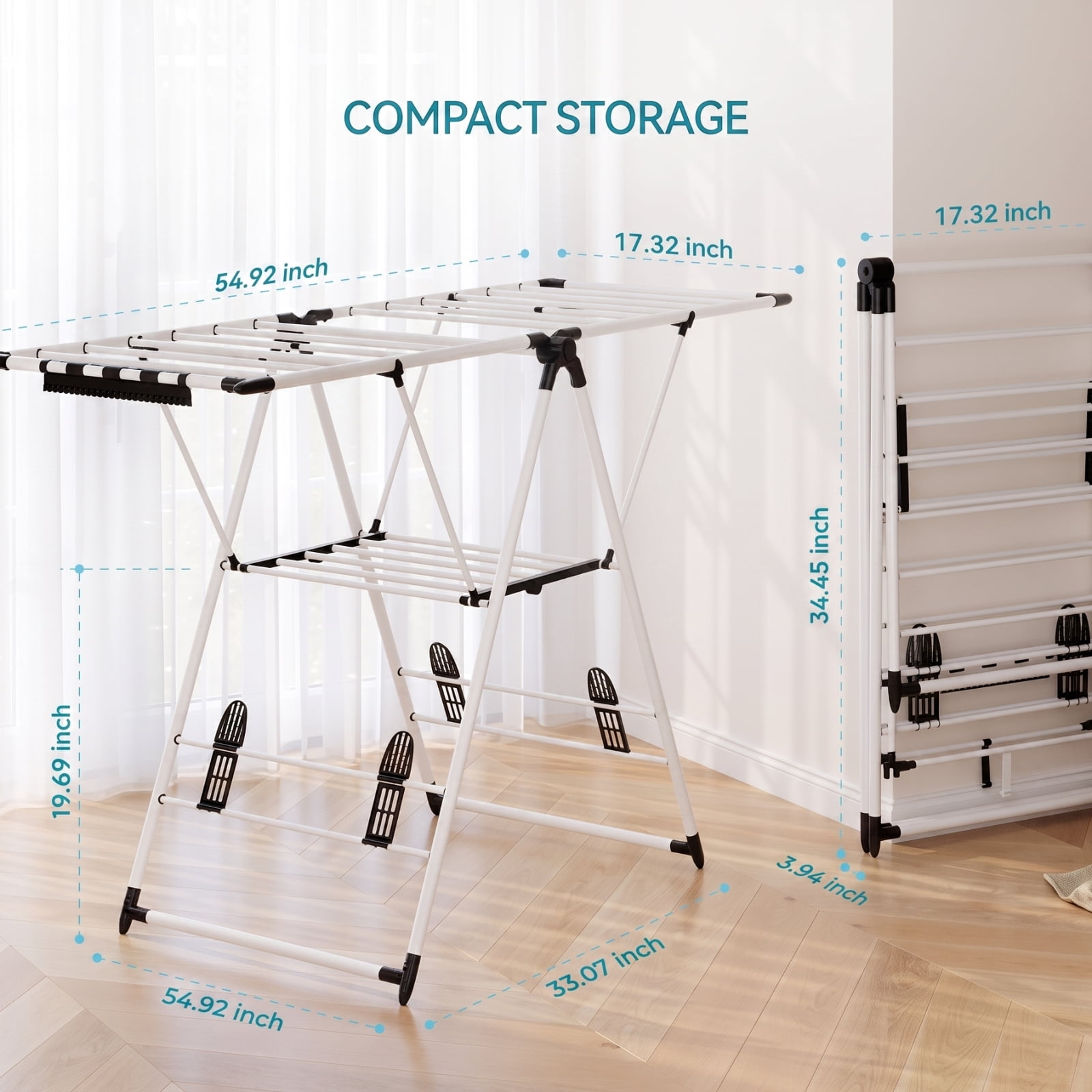Fenbeli Foldable Clothes Drying Rack, 66 lb Capacity Steel Laundry Rack with Adjustable Wings and Sock Clips, Collapsible Indoor Outdoor Dryer Stand in White+Black