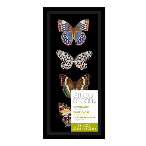 Studio Decor 9" x 20" Black Panel Shadow Box - Easy Back Loading Frame Includes Pre-attached Hanging Hardware, Horizontal or Vertical Display - 1 Pack