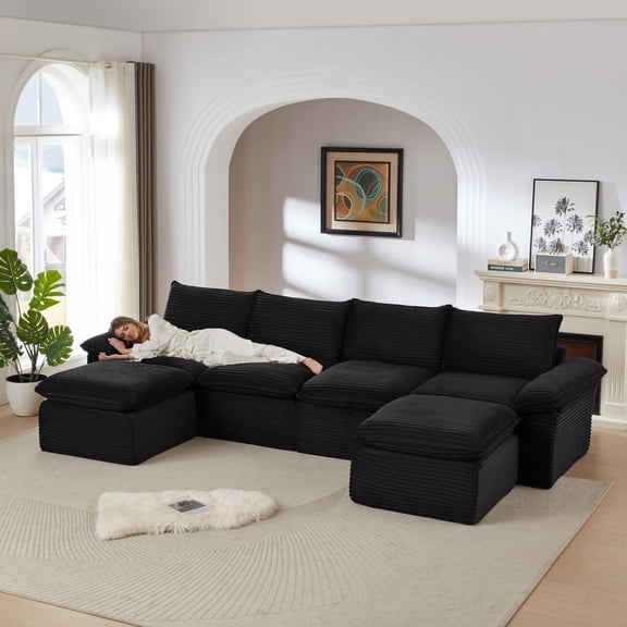 Kosynda 142"W U-Shaped Modular Sectional Sofa, Corduroy Comfy Cloud Couch with 2 Movable Ottomans for Living Room, Apartment, Home, Black