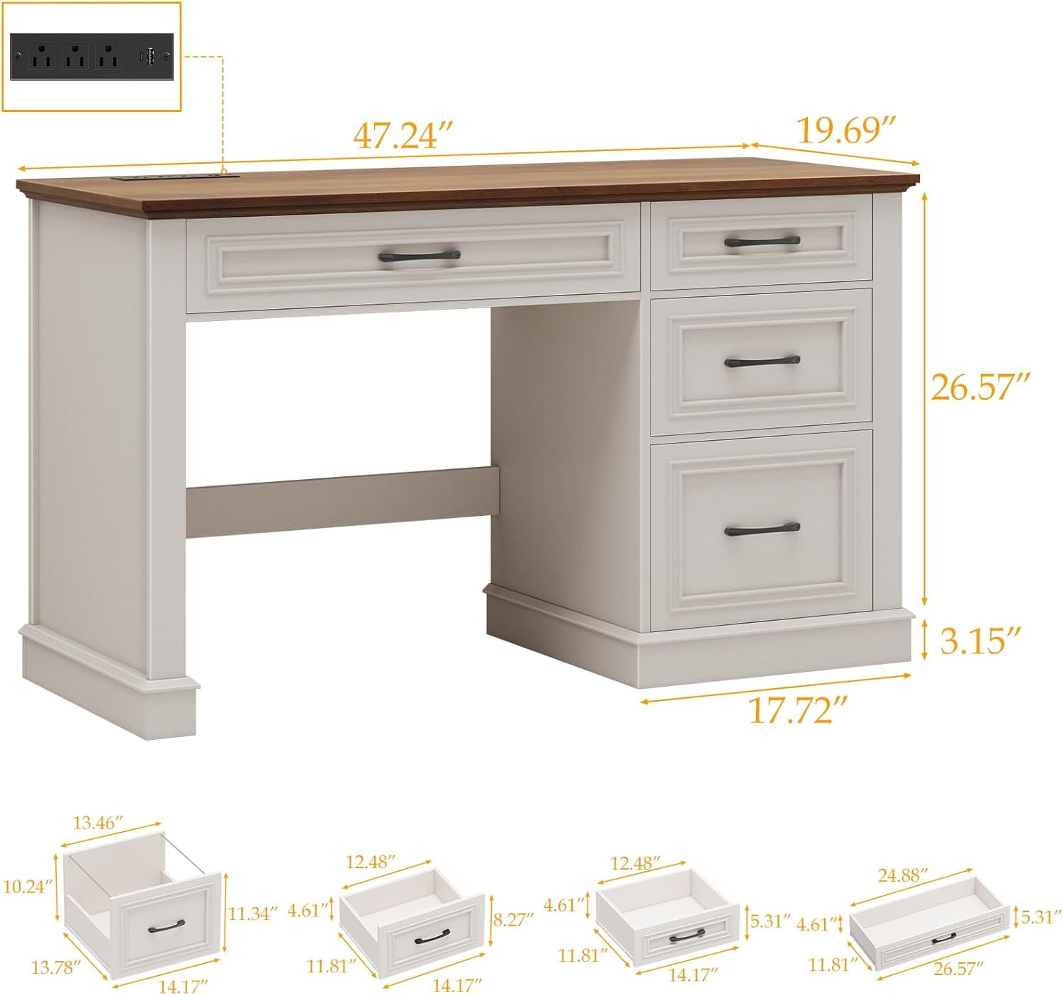 Farmhouse 47" Executive Desk, Computer Desk with Drawers and File Drawer, Workstation Computer Desk with Charging Station for Home Office,Study (Unique White)