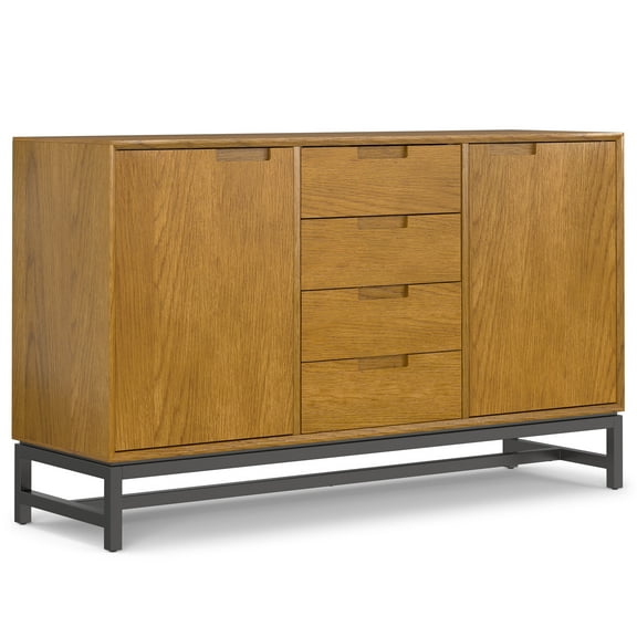 Simpli Home Banting and Metal 60 inch x 18 inch Rectangle Industrial Sideboard with Centre Drawers in Oak Veneer