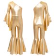 thumbnail image 6 of Aislor Kids Girls Sparkle One Shoulder Long Sleeve Wide Leg Romper Flare Bell Bottom Playsuit Gymnastics Jumpsuit Gold 16, 6 of 7