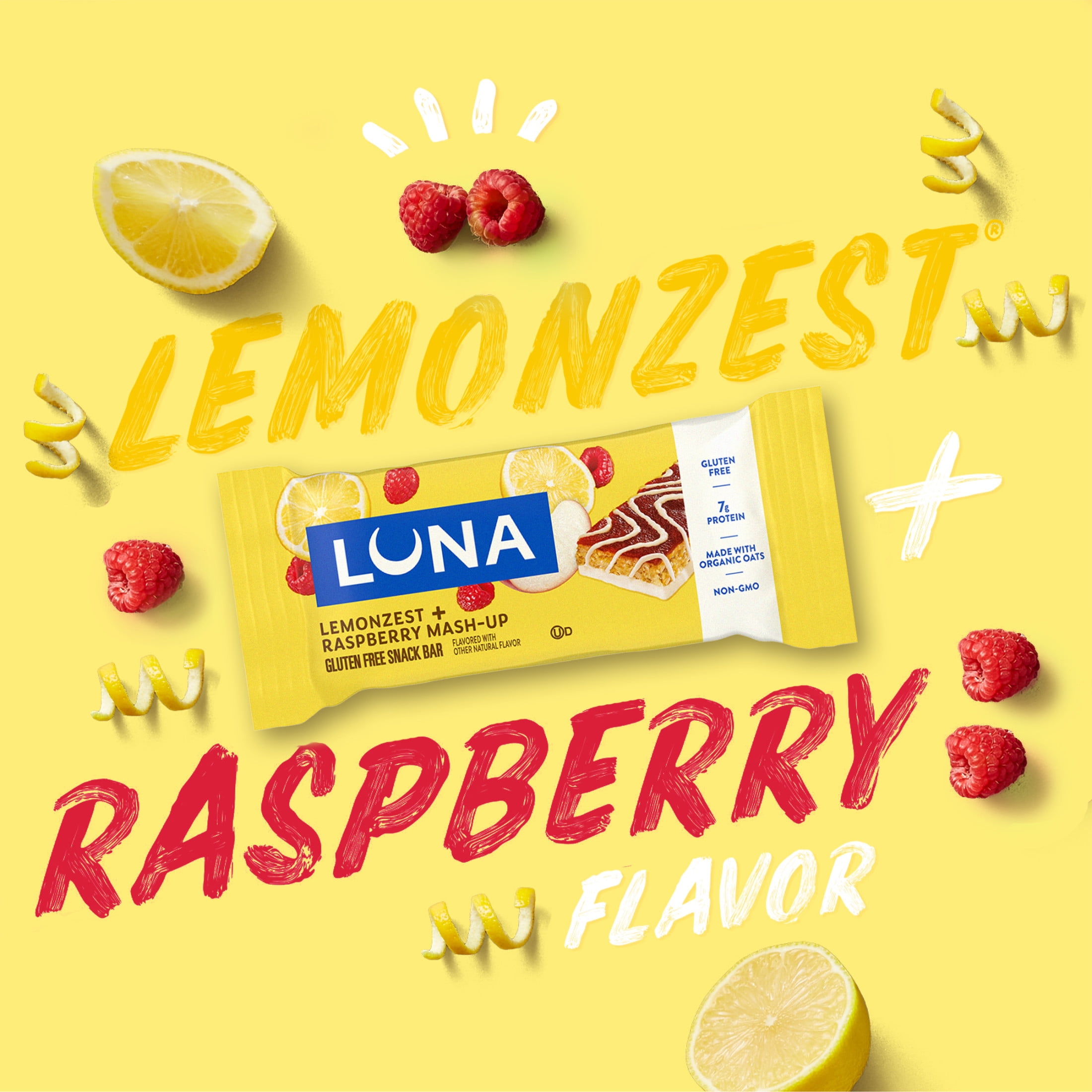 (3 pack) LUNA LemonZest + Raspberry Flavor Gluten Free Snack Bars, Protein Bars, Mother's Day Gift, 6 count