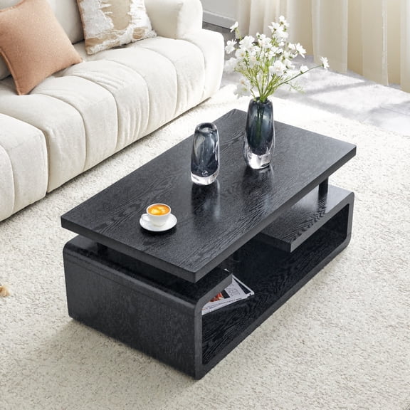 43" MDF Coffee Table, Multi-Storage Open Compartments Coffee Table for Living Room, Office, Black
