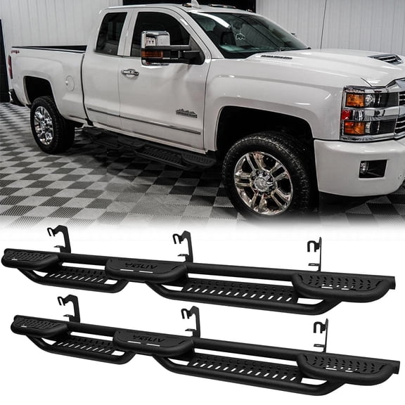 Vijay Running Boards Compatible with 2007-2019 Chevrolet Silverado 2500HD/3500HD Extended Cab/Double Cab Bolt-on Side Steps Rails Steel Nerf Bars