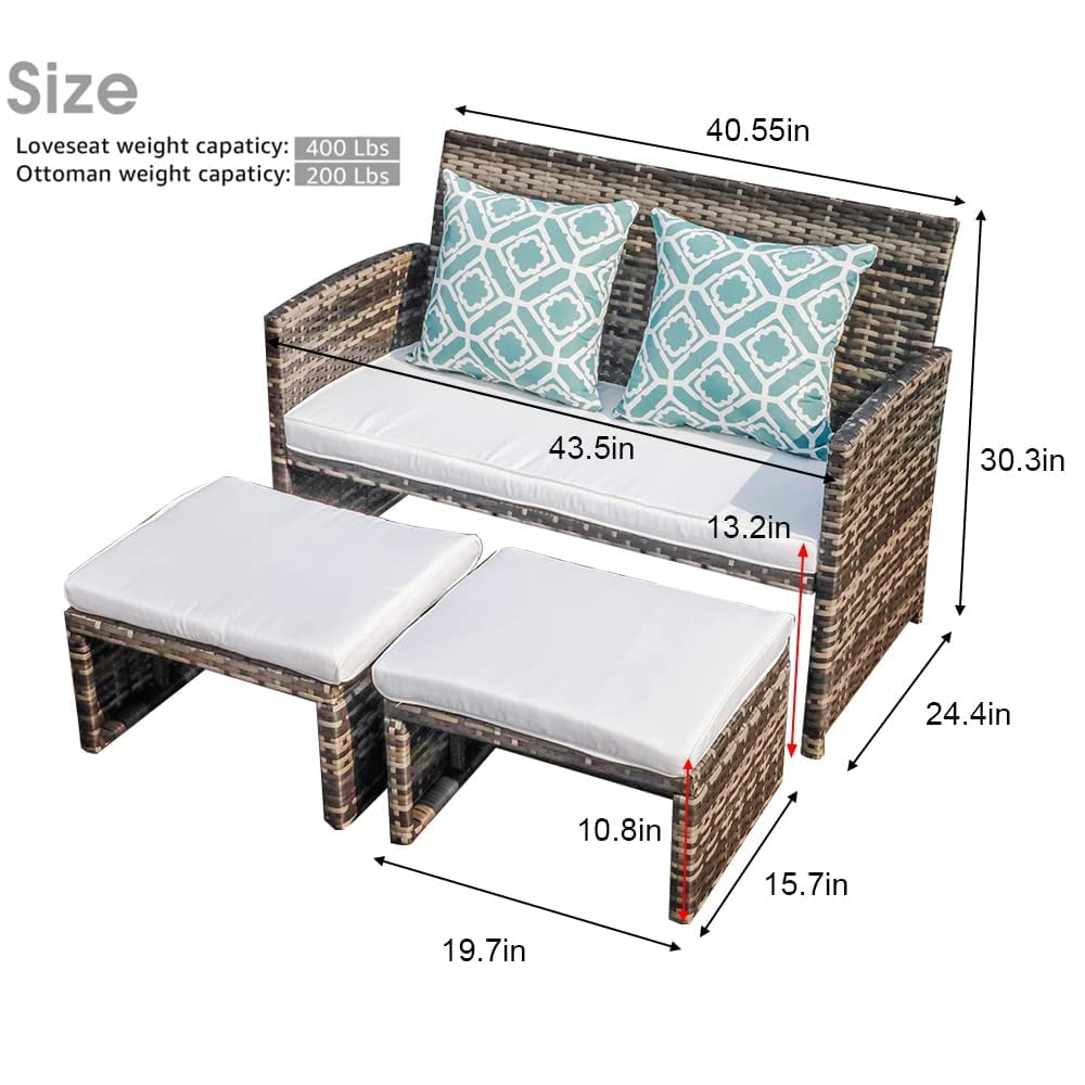 Outdoor Loveseat Patio Furniture Rattan Conversation Set, with Ottoman, Pillows Included, Grey Wicker, White Cushions