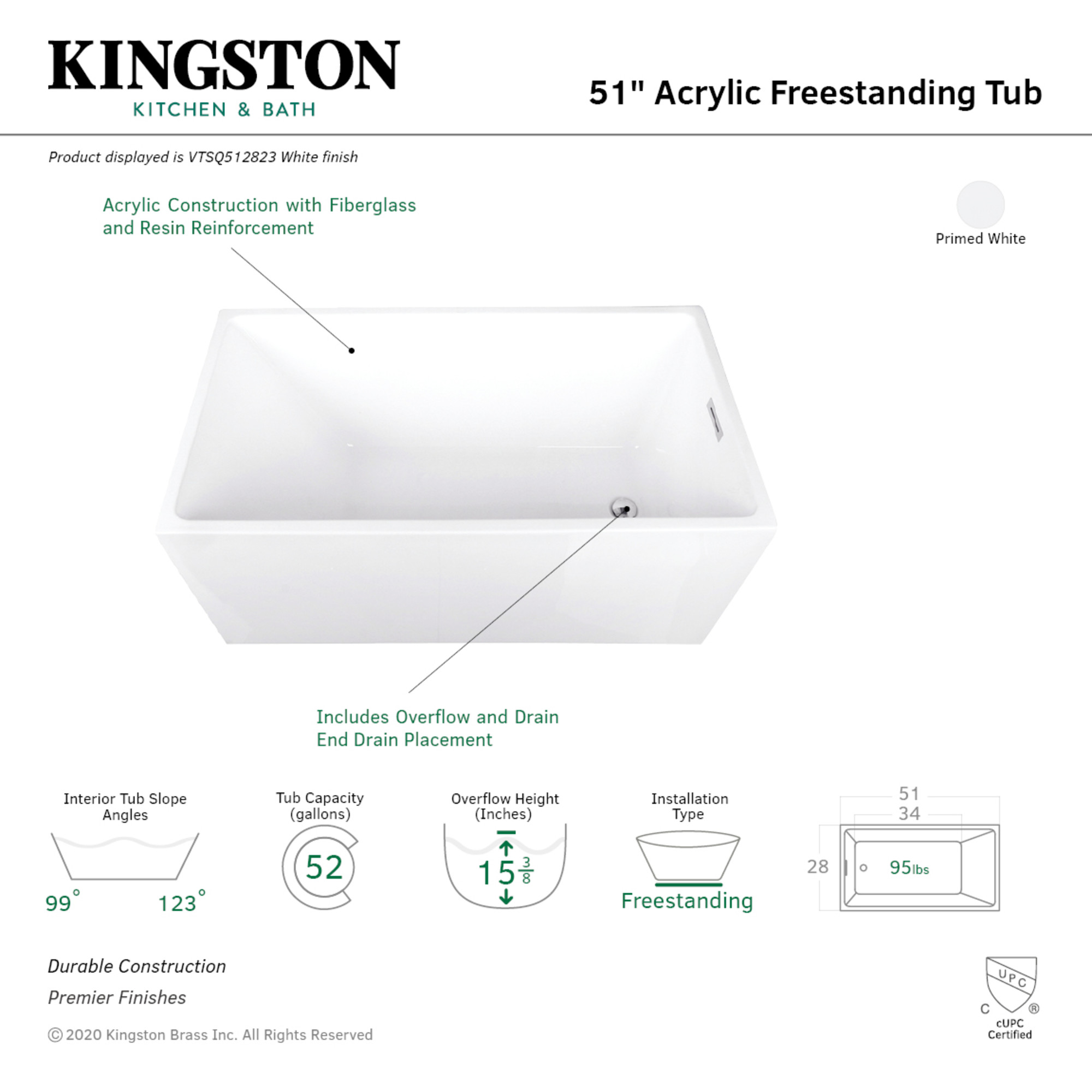 Kingston Brass VTSQ512823 51-Inch Acrylic Rectangular Double Ended Freestanding Tub with Drain in Glossy White