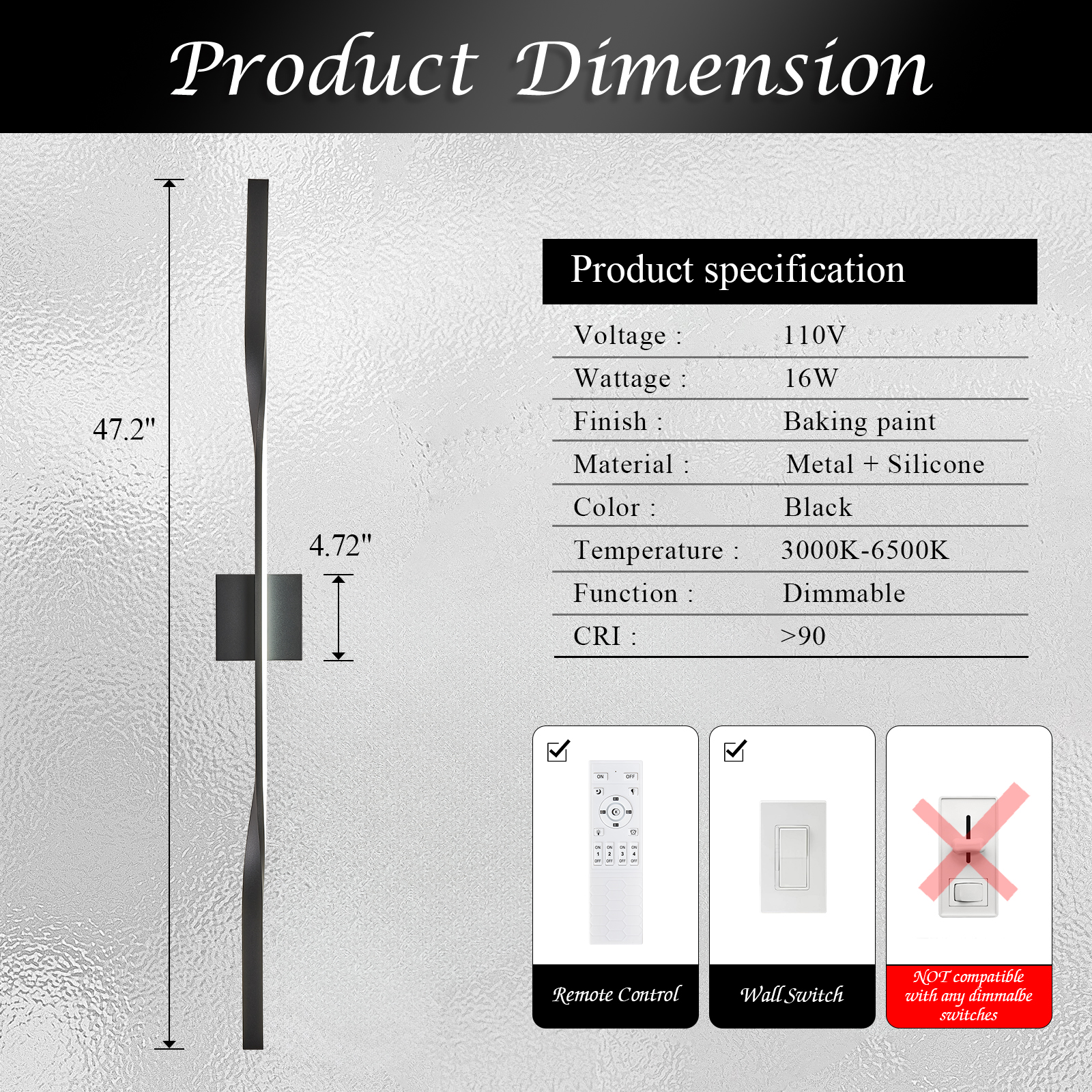 48” Long Bathroom Vanity Light with Remote, Hardwired Black Wall Mount Lighting LED Wall Lamp Wall Light Fixture for Living Room Bedroom Entrance Foyer