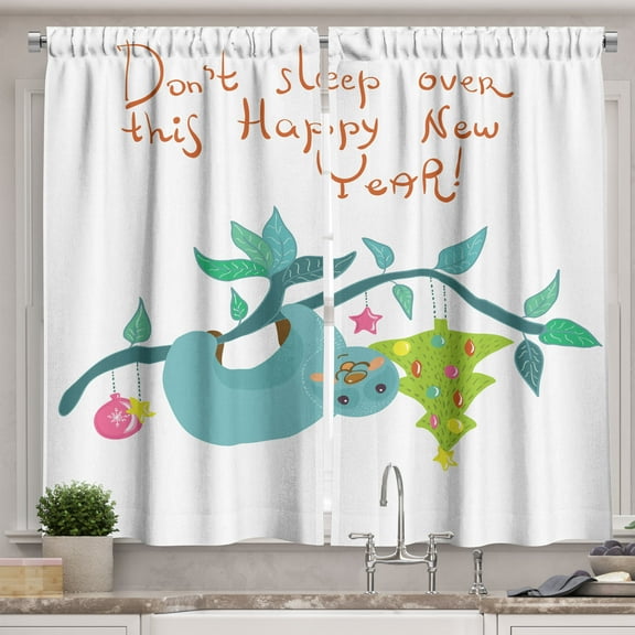 Ambesonne Sloth Kitchen Curtains, Doodle New Year, 55"x39", Multicolor