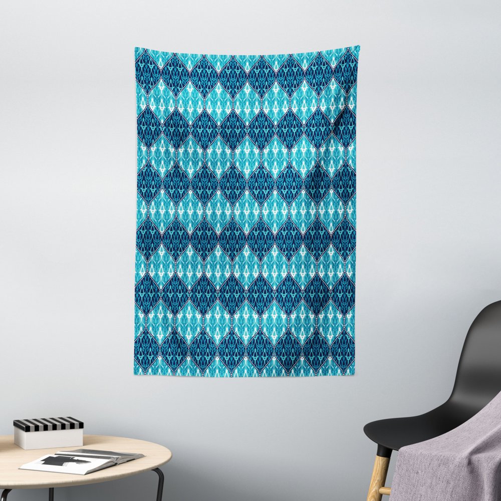 Navy Blue Decor Tapestry, Horizontal Oriental Patchwork Pattern