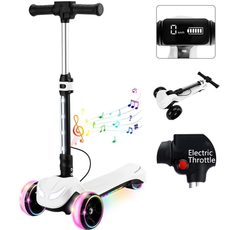 3 Wheels Electric Scooter for Kids w/LCD Screen, Bluetooth Music, Light-Up Stem Deck & Wheels, 3 Heights Adjustable, 5MPH Safe Speed, Foldable Kids Electric Scooter for Boys Girls Ages 3-12, White