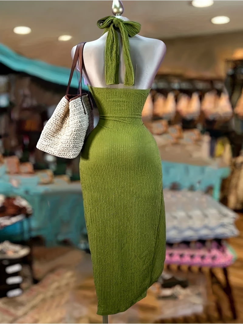 green knit halter dress Moss Green Knit Halterneck Backless Mini Dress