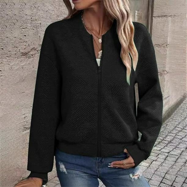 Sudadera informal de manga larga con capucha y chaquetas para mujer Sudadera holgada de manga larga con cremallera Chaqueta informal de béisbol de punto grueso Chaqueta de poliéster para mujer