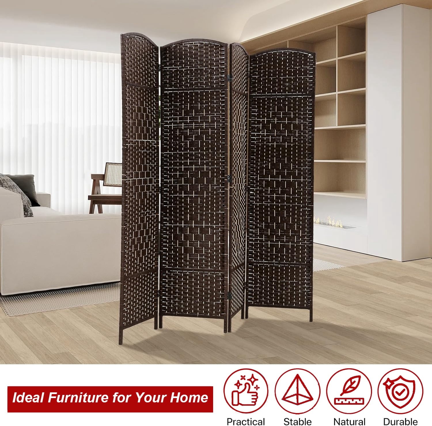 4-Panel Rattan Room Divider, Freestanding Folding Privacy Screen for Indoor Use,  Brown
