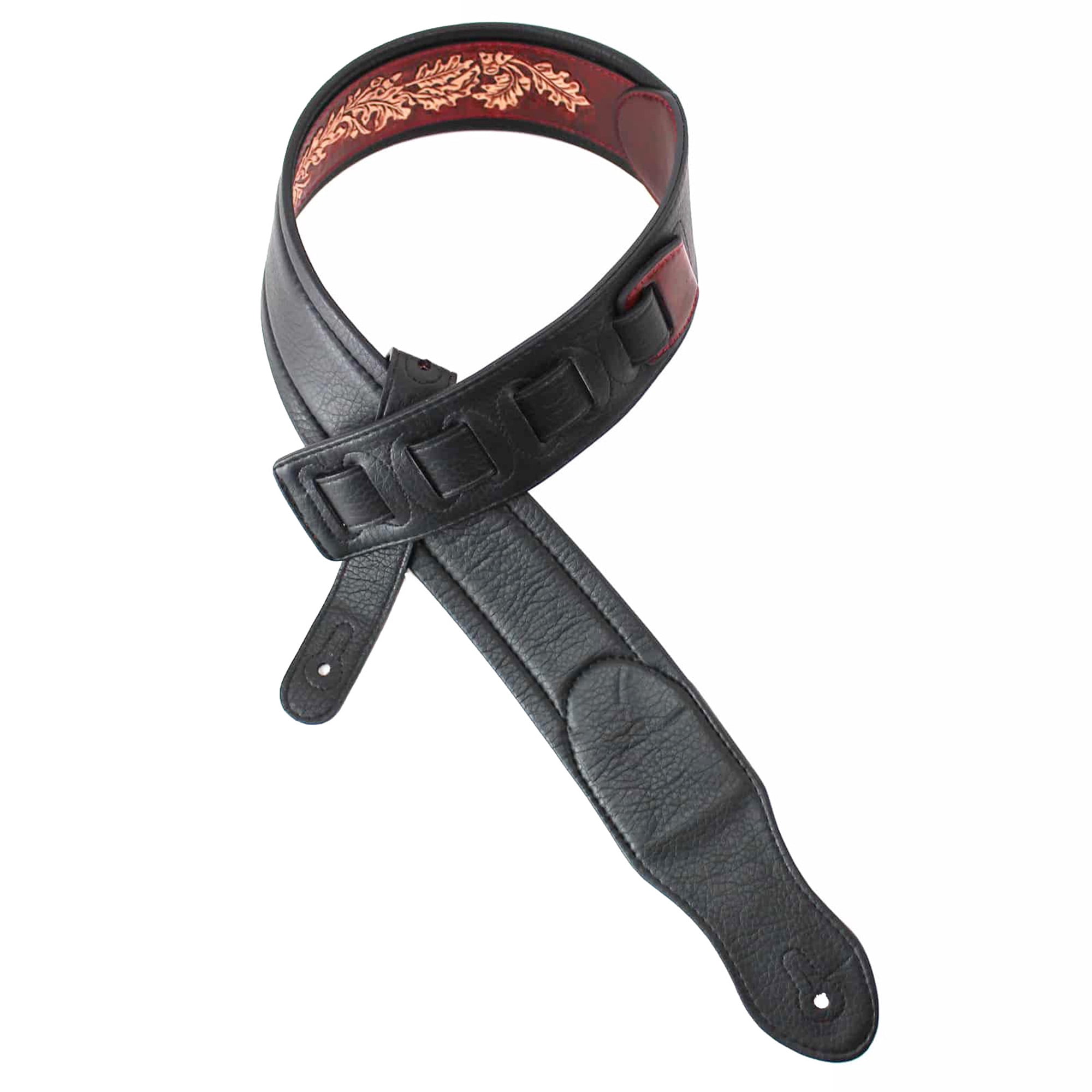 Walker & Williams KB-03-RB Mahogany Brown Full Grain Center Block Carving Leather Padded Guitar Strap With American Eagle & Oak Leaves