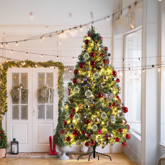 Pirecart 6ft Pre-Lit Christmas Tree with Cashmere Pine and Mixed Needles, Snow Flocked Hinged Artificial Christmas Tree with 250 Warm White Lights