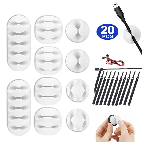 Cable Clips,20 Pack Black Adhesive Cord Holders & Reusable Cable Ties, Ideal Cable Cords Management for Organizing Cable Wires-Home, Office, Car, Desk Nightstand -White