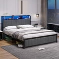 Queen Size LED Bed Frame with Storage, Upholstered Metal Platform, USB Ports & Charging Outlets