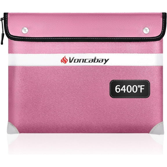 Voncabay Upgraded 6400℉ Fireproof Document Bag with Reflective Strip, 14.2" x 11", Pink