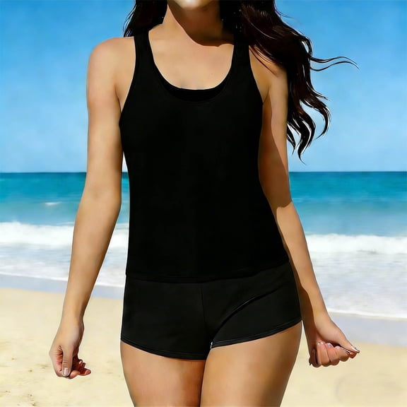 jobturf 3 Piece Swimsuits for Women Beach Vacation Tankini Bathing Suits Open Back Swim Top with Striped Bra and Boy Shorts Size S-XXXL