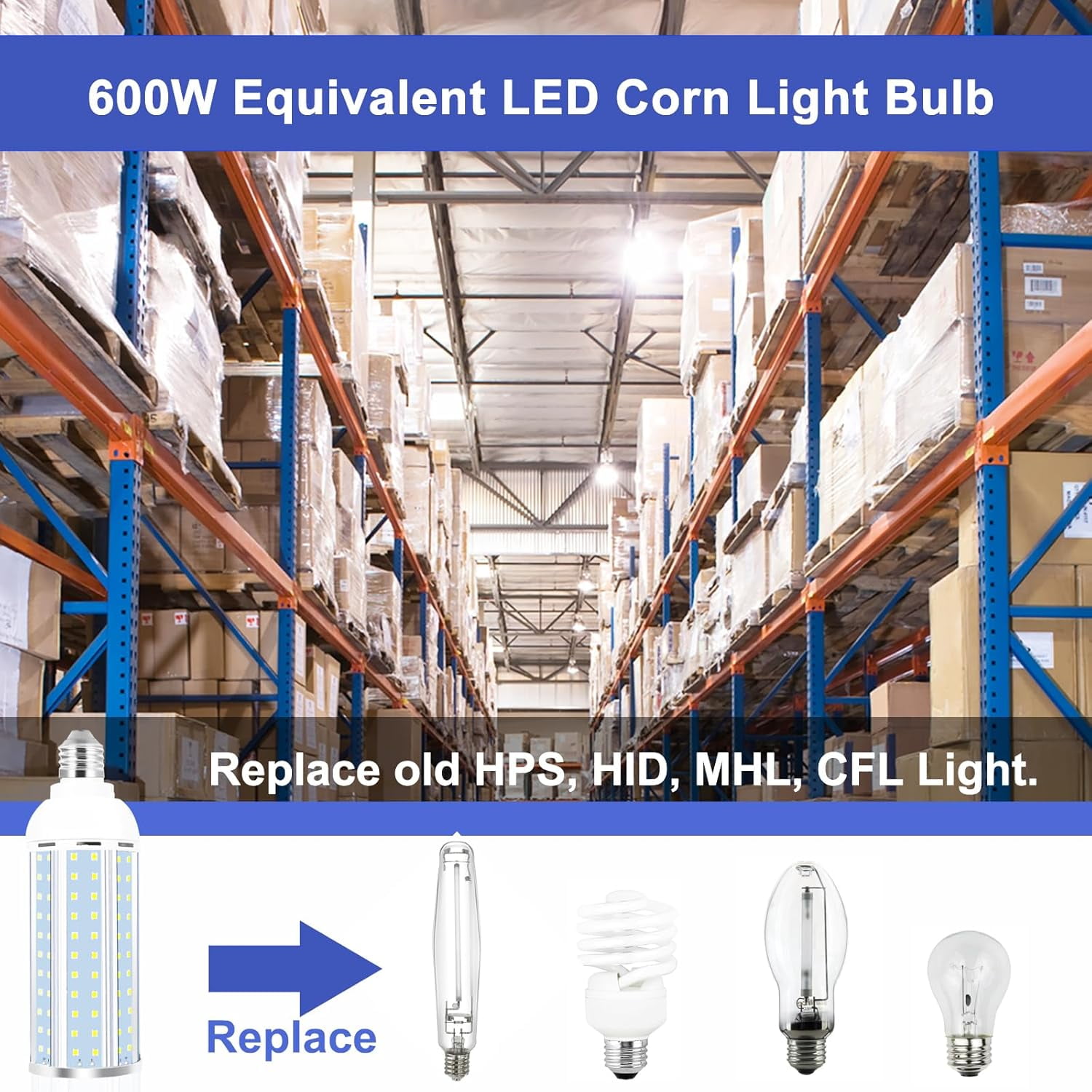 2 Pack 600W Equivalent LED Corn Light Bulb 6000 Lumen 5000K Daylight White E26 Medium Base 60W Corn Light Bulbs for Outdoor Indoor Garage Warehouse Factory Workshop