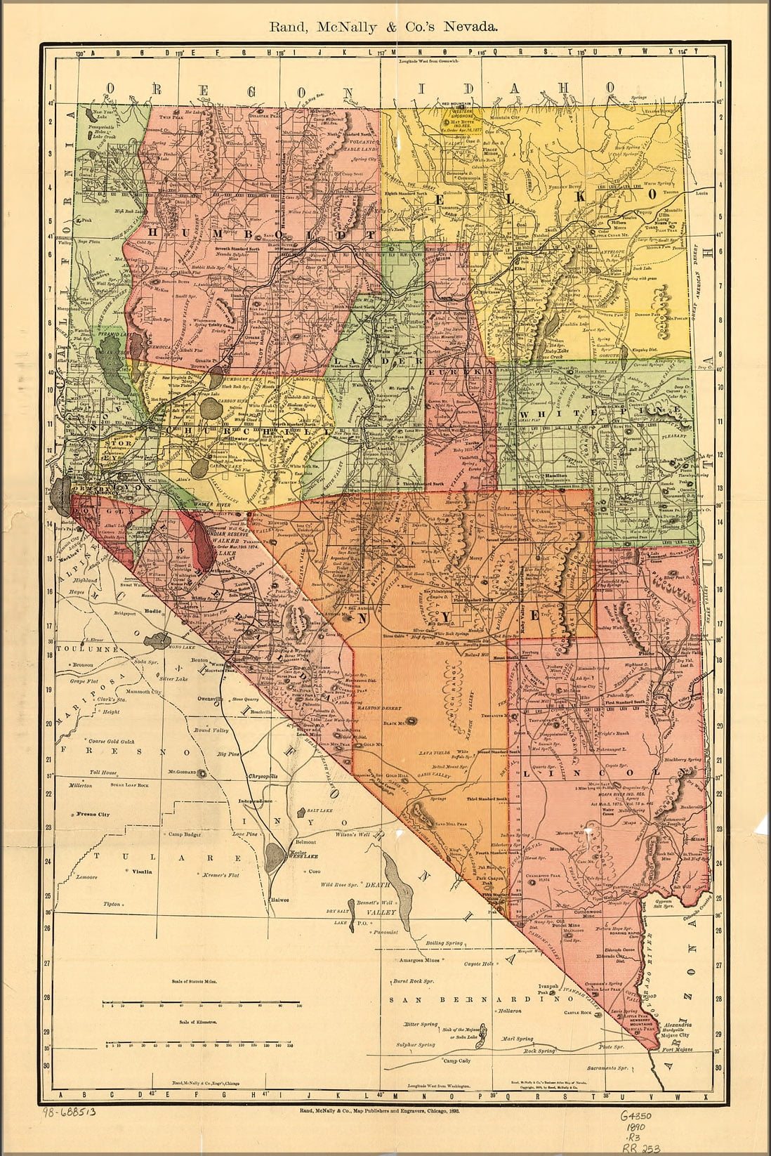 24"x36" Gallery Poster, county, railroad, shippers map of Nevada 1893 - Walmart.com