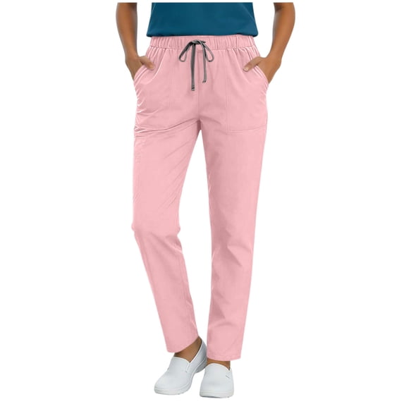 asdoklhq Women's Scrubs Uniforms Womens Stretchtop Yoga Jogger Scrub Women's Solid Color Straight Barrel Elastic Waist Nursing Multiple Pockets Worker Pants Pink S