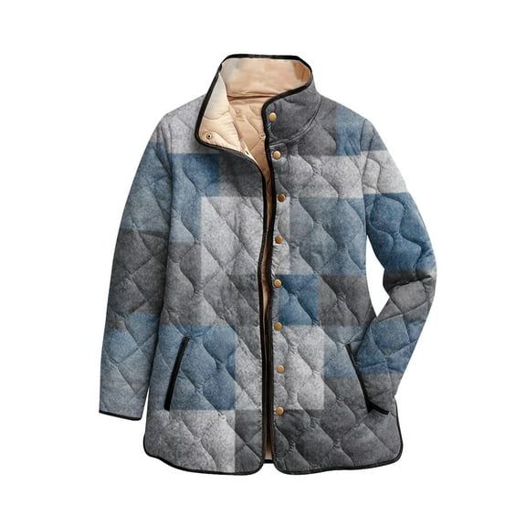 CharmCyan Women's Floral Print Stand Up Collar Pleated Cotton Long Sleeved Button Cotton Jacket Blue L