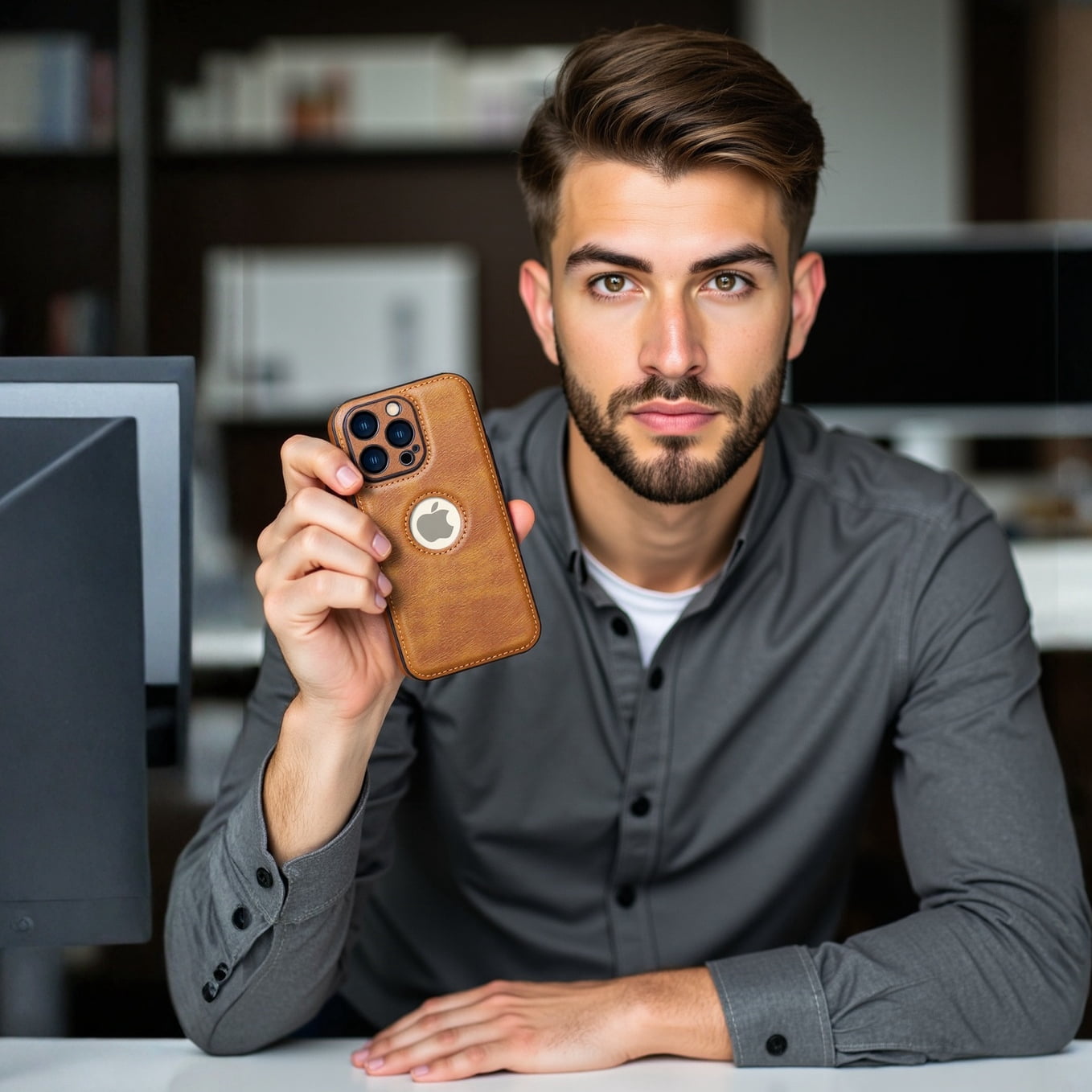 IPhone 14 Hülle Aus Veganes Leder – Schlank, Braun, Mit Logo View, Stoßgeschützt, Dünnes Design