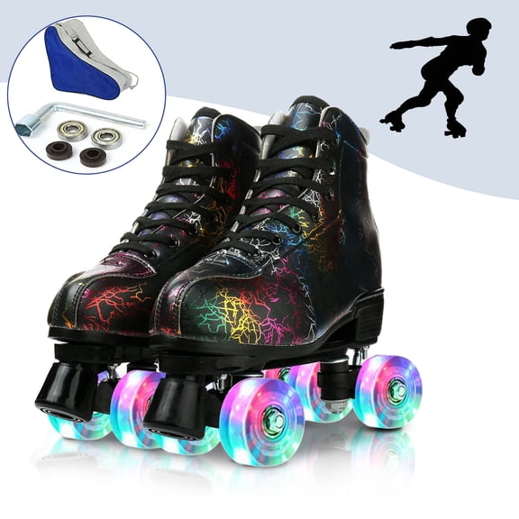 Roller Skates for Women and Men with Front Brake PU Leather High-Top Classic Double-Row Light Up Quad Skates, Women 6/Men 5