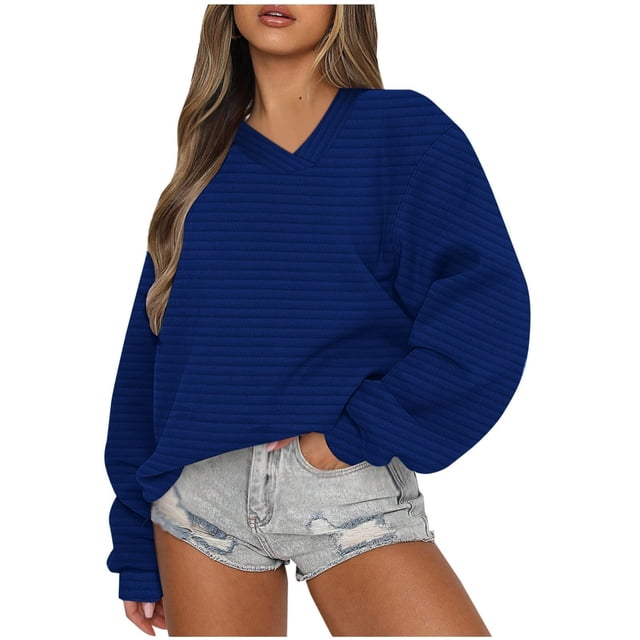 Timegard Womens Sweatshirts V Neck Long Sleeve Pullover Fall Winter Casual Loose Comfy Tops Solid Color