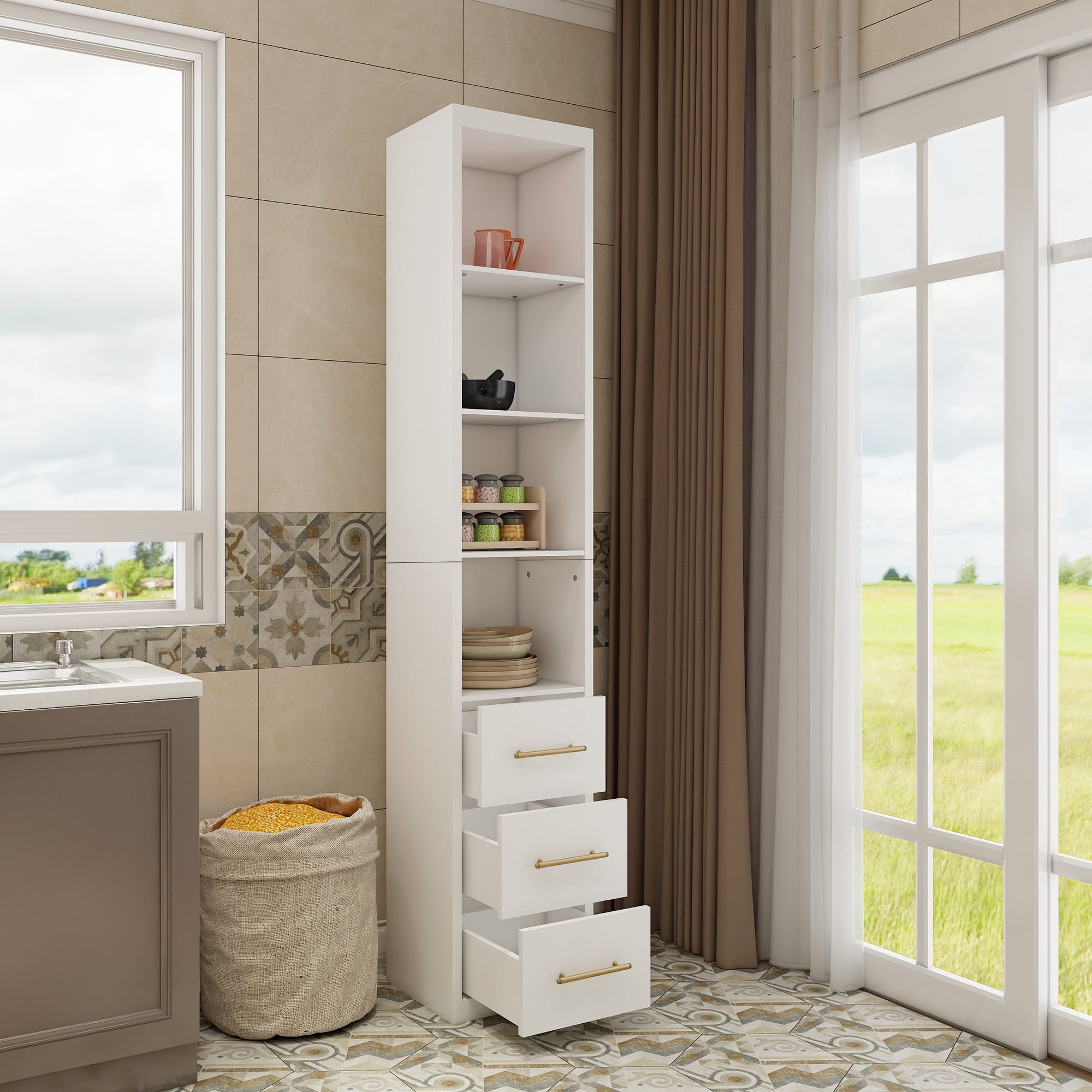Side Storage Cabinet With Three Drawers for Bedroom, Living Room, Bathroom, 15.75x85.04inch