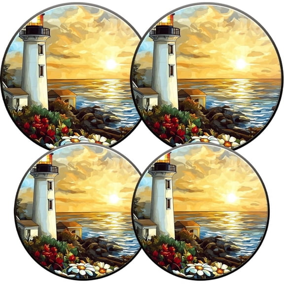 Electric Stove Burner Covers, Set of 4, Round Burner Cover,8 and 10 Inch,Beautiful_White_Lighthouse_With_Flowers_In_The_Foreground