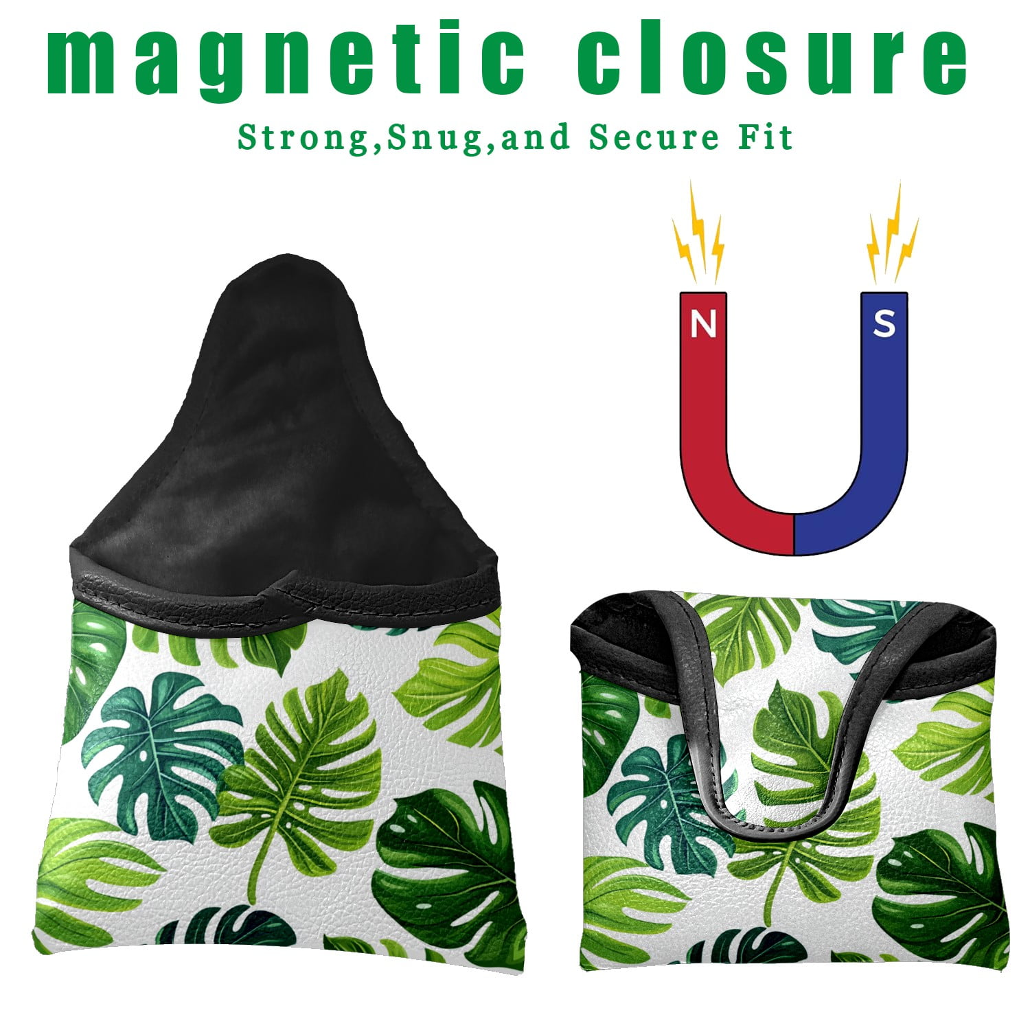Golf Mallet Putter Cover Premium Leather Waterproof Golf Putter Head Cover with Magnetic Closure Green Leaves