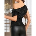 thumbnail image 5 of Women's Off Shoulder Sequin Top – Short Sleeve Slim Fit Ruffled Blouse, Shiny Party Clubwear, 5 of 6