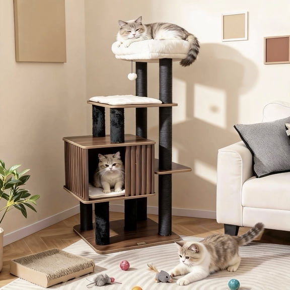 DRAZUNO 53.5" Tall Cat Tree for Indoor Cat Wooden Cat Tower Top Perch w/ Soft Padding