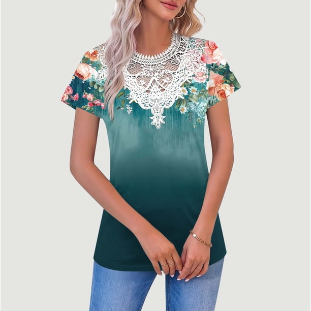 TaTaai Spring Floral Print Pullover Top for Women, V Neck Short Sleeve Blouse with Sheer Panel Inserts, Casual Loose Fit Shirt for Daily Outfits & Work Gift