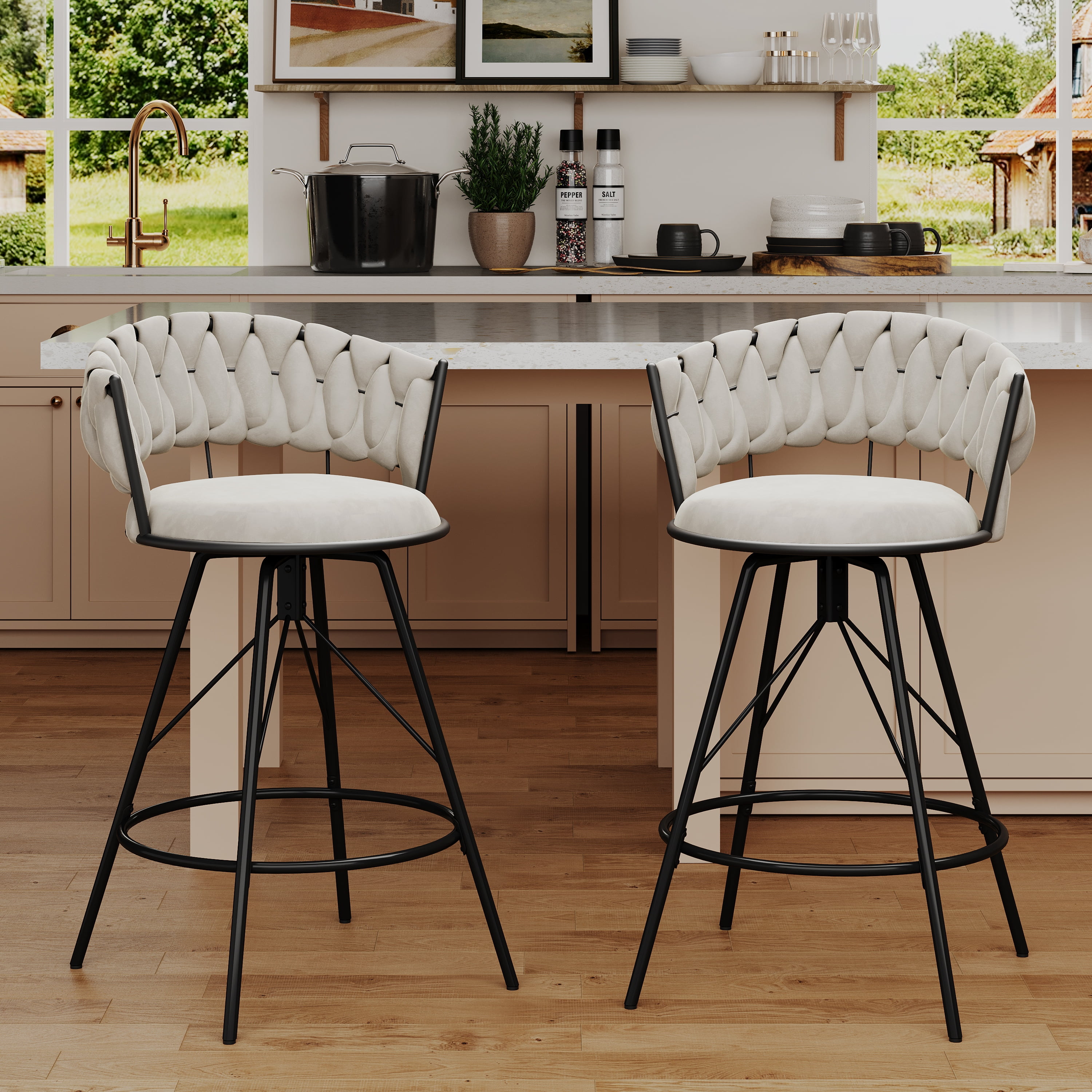 Andeworld 24'' Barstools set of 2, Modern Velvet Bar Stools with Woven Back, Counter Height Barstools with Upholstered Seating, Round Footrest, Ivory