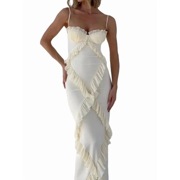 Women'S V Neck Floral Lace Bodycon Spaghetti Strap Elegant Ruffle Maxi Cocktail Party Dresses White S
