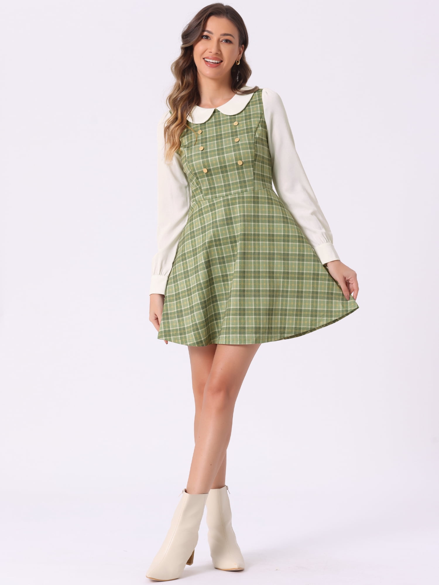 DARING DIVA Women's Plaid Peter Pan Collar Mini A-Line Dress S Light Green