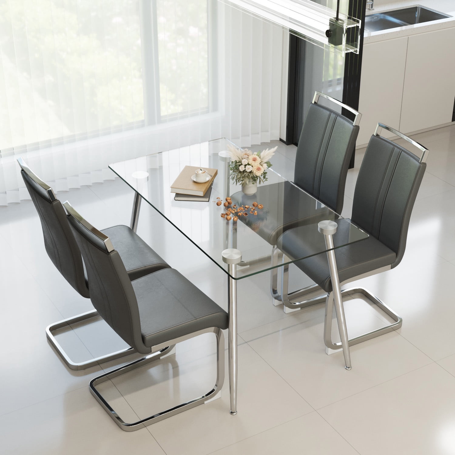 51" Glass Dining Table Set for 4, Silver Plating Legs with PU Armless Chairs, Modern Rectangle Tempered Glass Top​