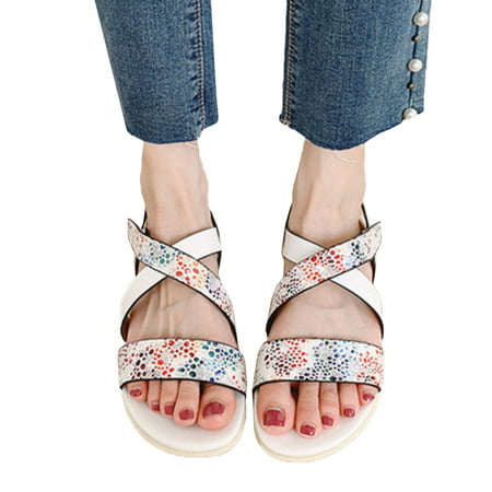 

ZIZOCWA Platform Women Wedges Sandals Colorful Print Pu Leather Ladies Sandals Non-Slip Open Toe Slip On Hook Loop Casual Shoes Summer White Size6.5