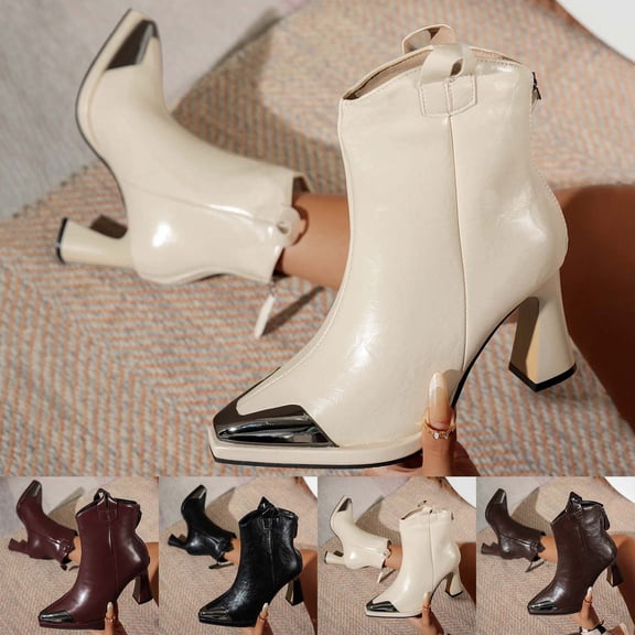 Miluxas Womens Ankle Boots Comfy Low Chunky Heel Patent Leather Pointed Toe Casual Fall Boots with Zipper Wine 9(42)