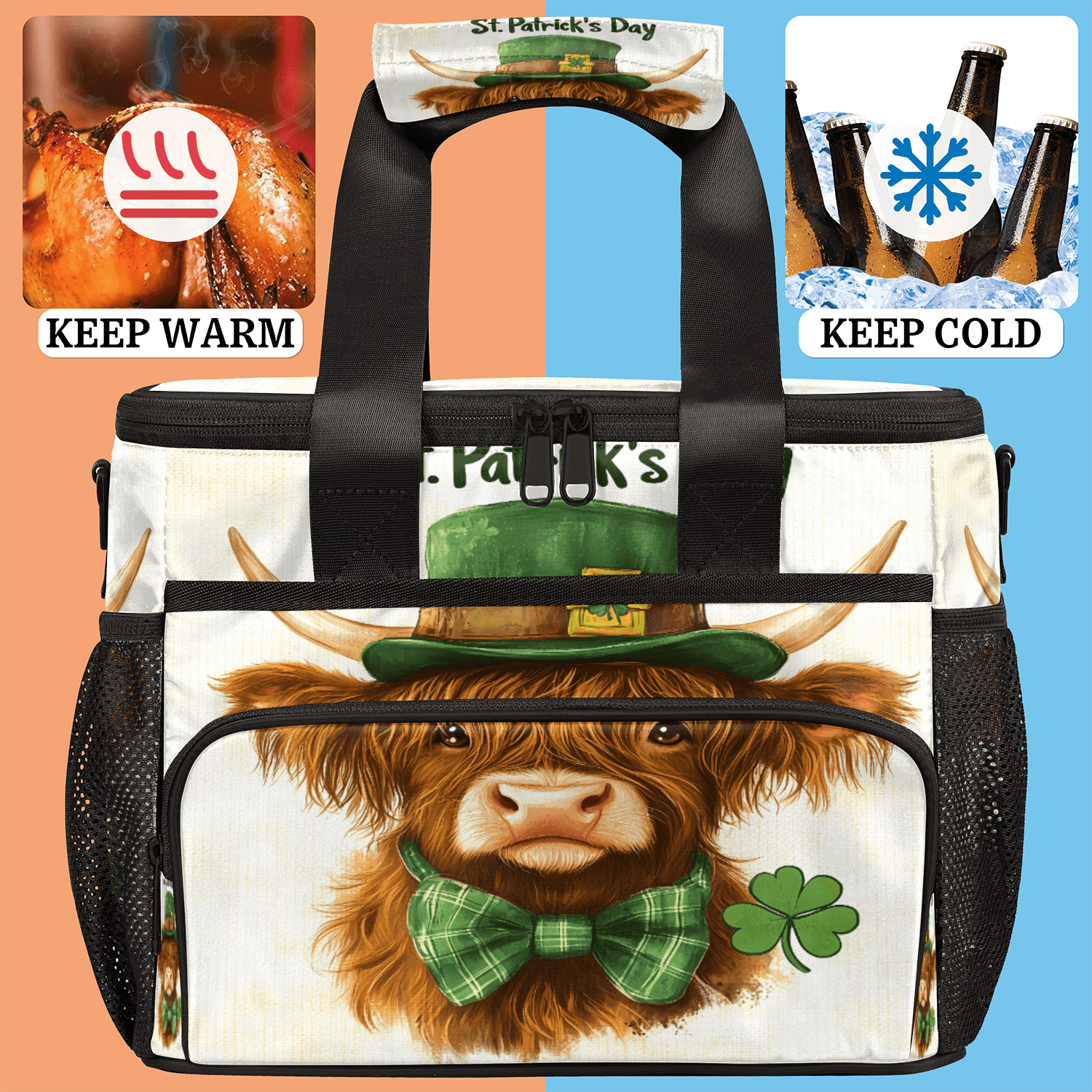 Herdesigns Highland Cow St. Patrick's Day Large Lunch Box for Adults Women Men with Adjustable Shoulder Strap, Insulated Reusable Lunch Bag Leakproof Cooler Tote Bag