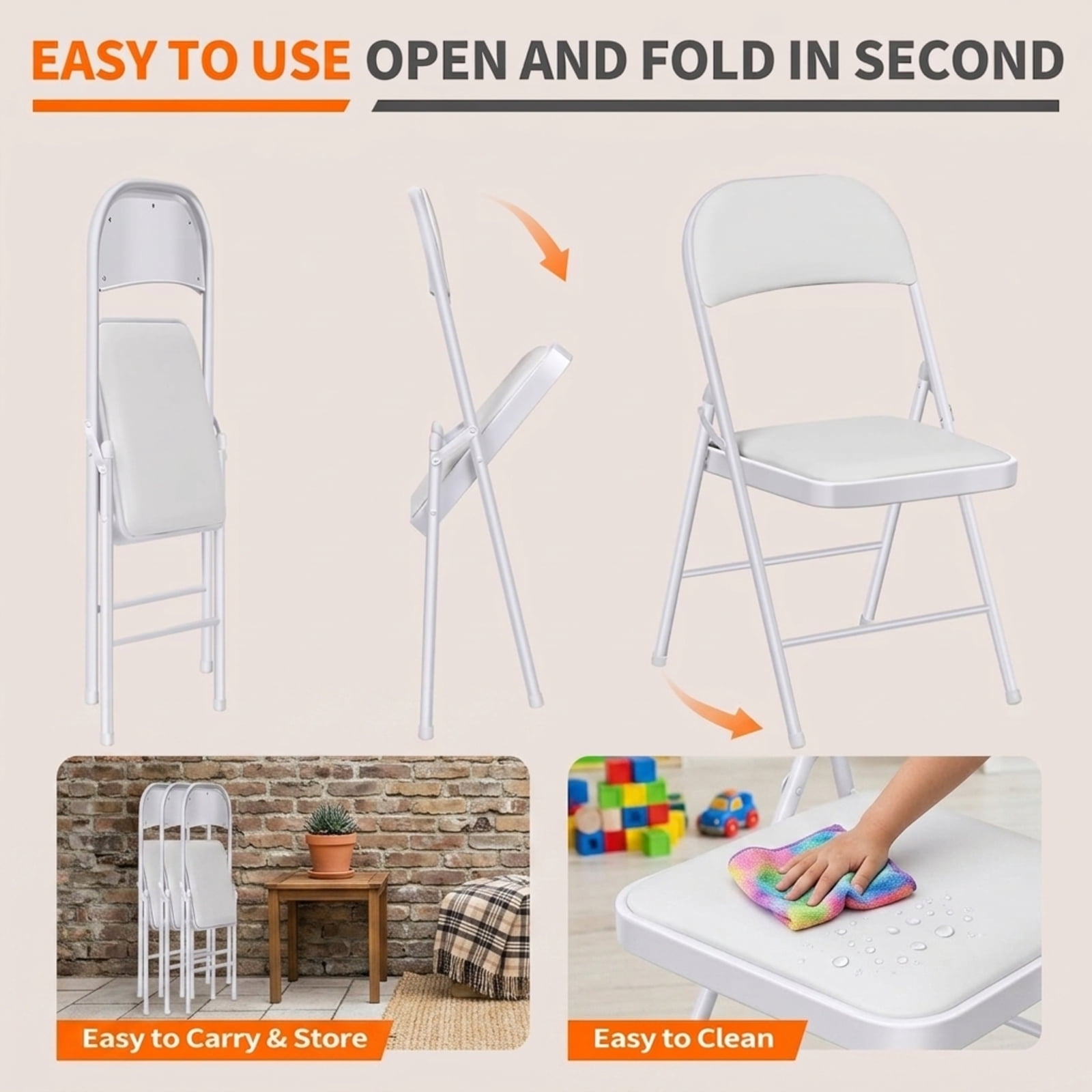 Fenbeli White Padded Folding Chairs 2 Pack, Faux Leather Seats with Steel Frames, Portable Event Seating for Weddings Offices and Parties